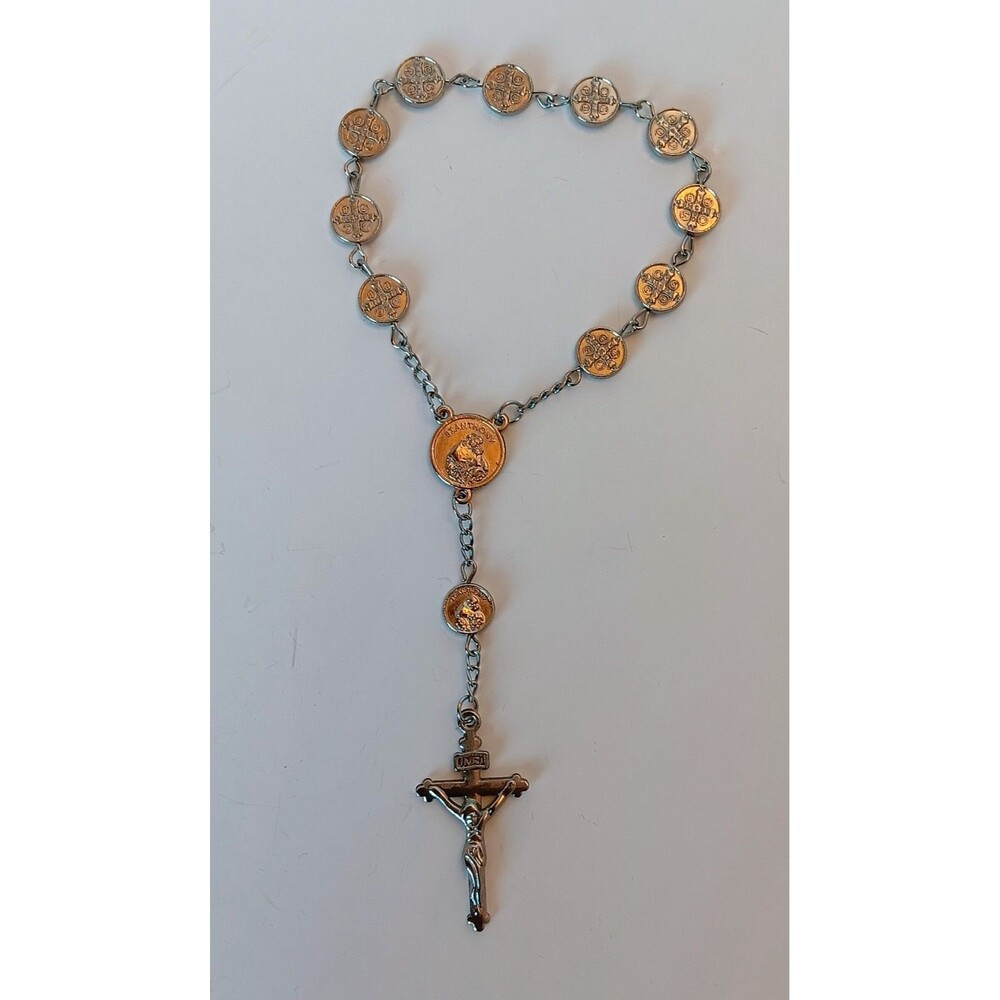 St Benedict St Anthony Rosary Chaplet Silver Tone Medal Coin Link Crucifix 6"